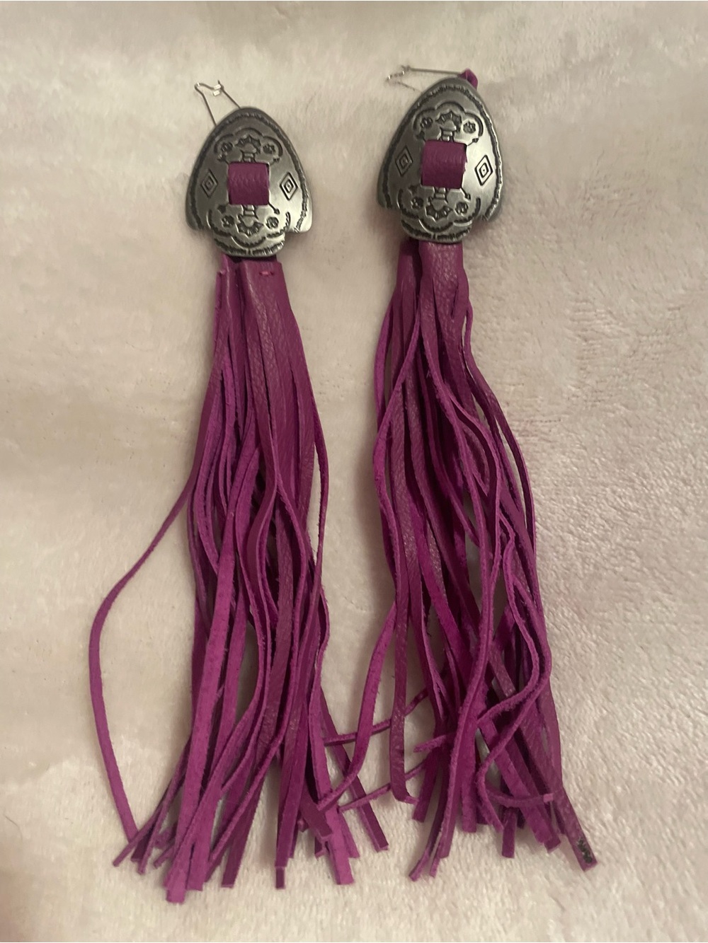 Purple Fringe Dangle Earrings with Silver Accents